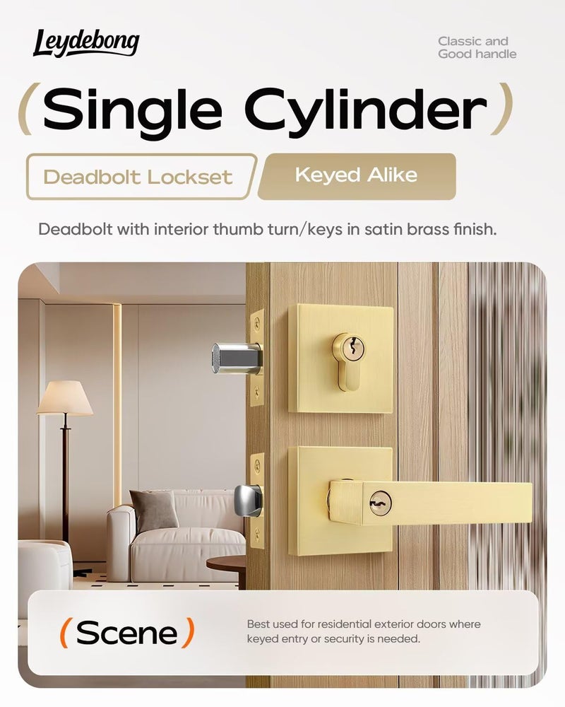 Leydebong 3 Pack Gold Door Knobs with Lock and Key  Entry Door Levers with Single Cylinder Deadbolt  Keyed Alike Exterior Door Knobs with Lock and Keys for Entrance and Front Door - Image 2